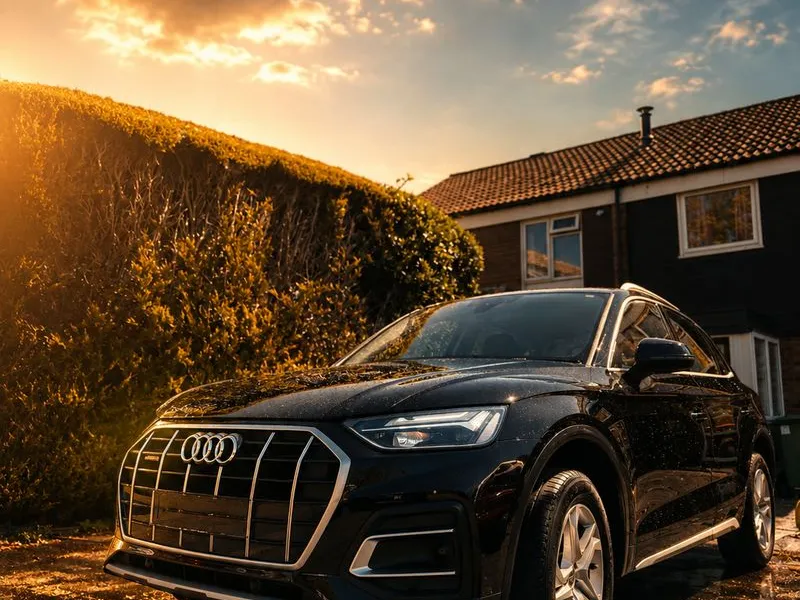 Black Audi Q5 front three-quarter view at sunset