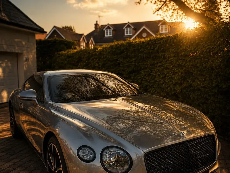 Silver Bentley Continental GT front three-quarter view at sunset