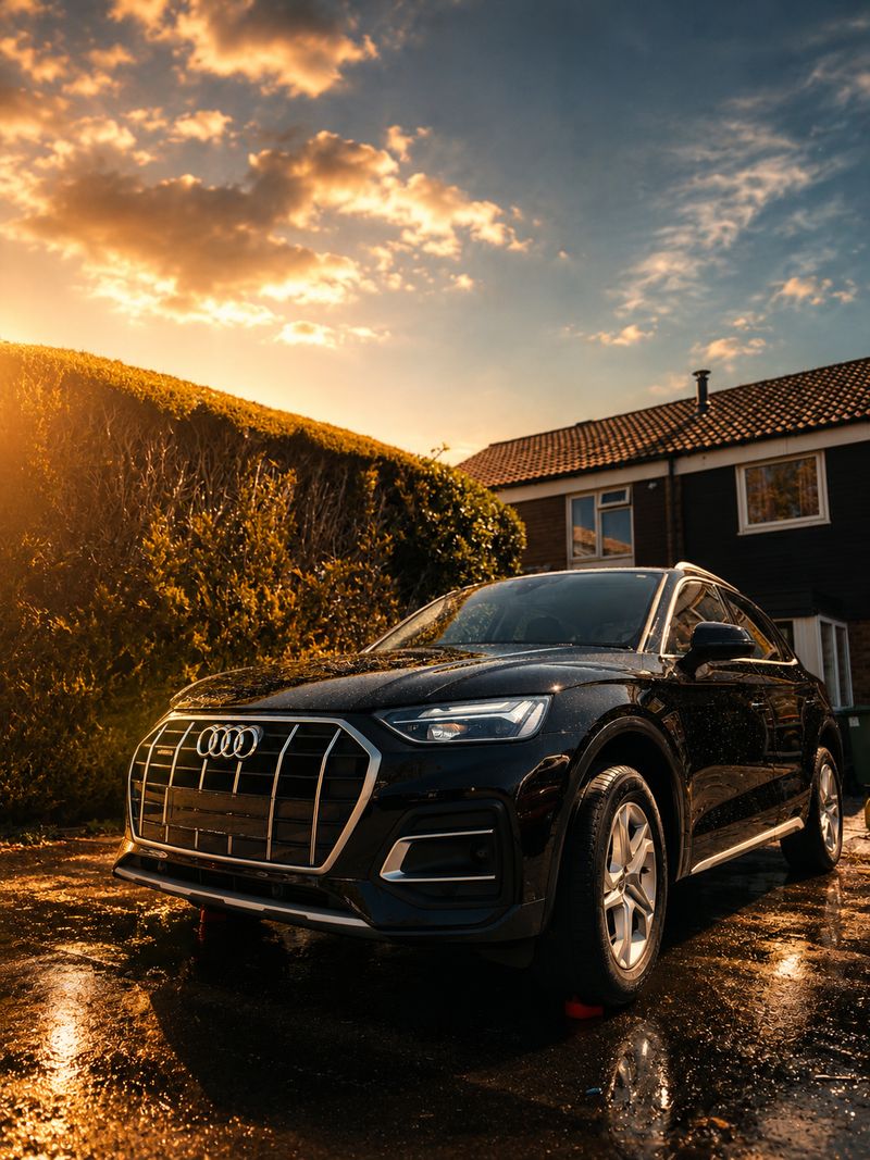 Black Audi Q5 front three-quarter view at sunset