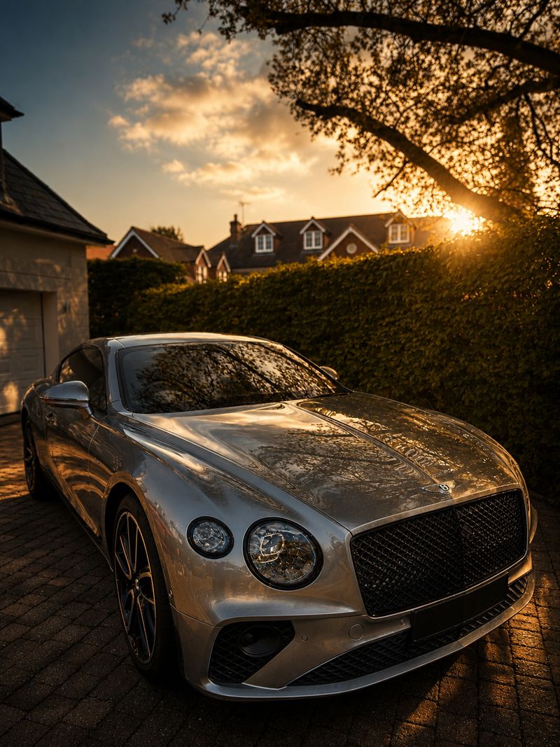 Silver Bentley Continental GT front three-quarter view at sunset