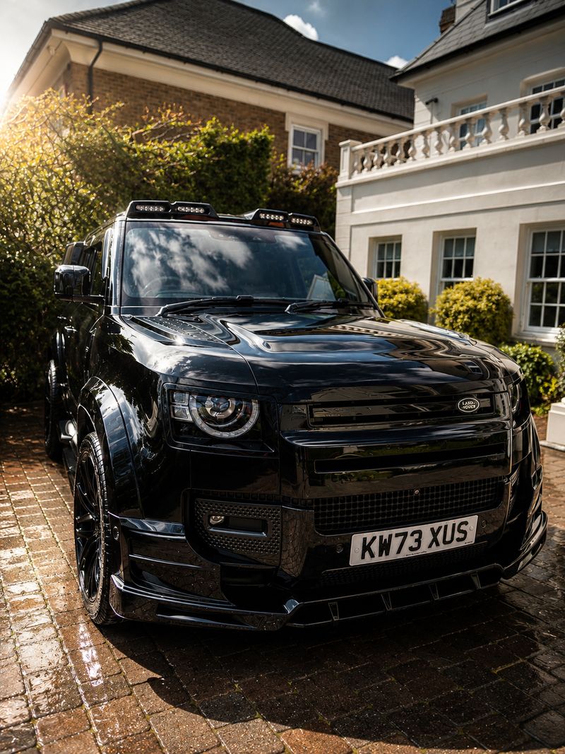 Black Land Rover Defender front view with roof lights